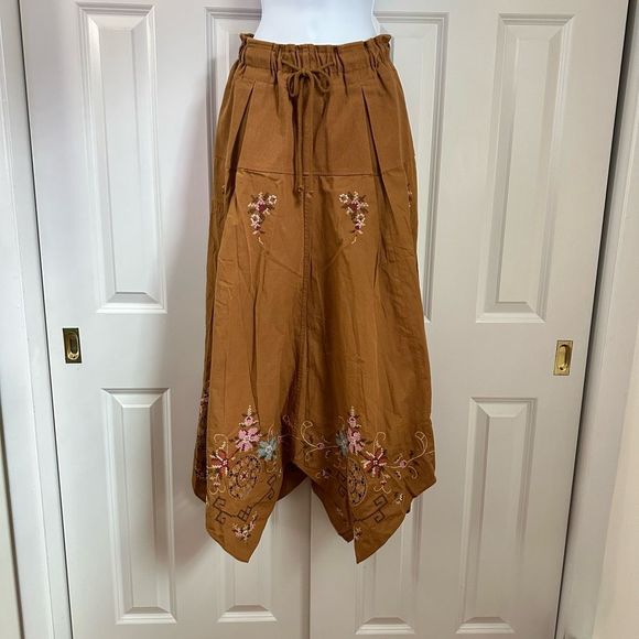 Free People Arielle Maxi Skirt Brown Handkerchief Hem Embroidered